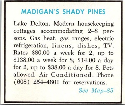 Madigan's Shady Pines Modern Housekeeping Lake Delton c1970 WI Ad TAK5-S24