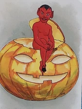 1908 Halloween Postcard 2216 L&E Red Devil Sitting On A JOL Pumpkin H B Griggs I