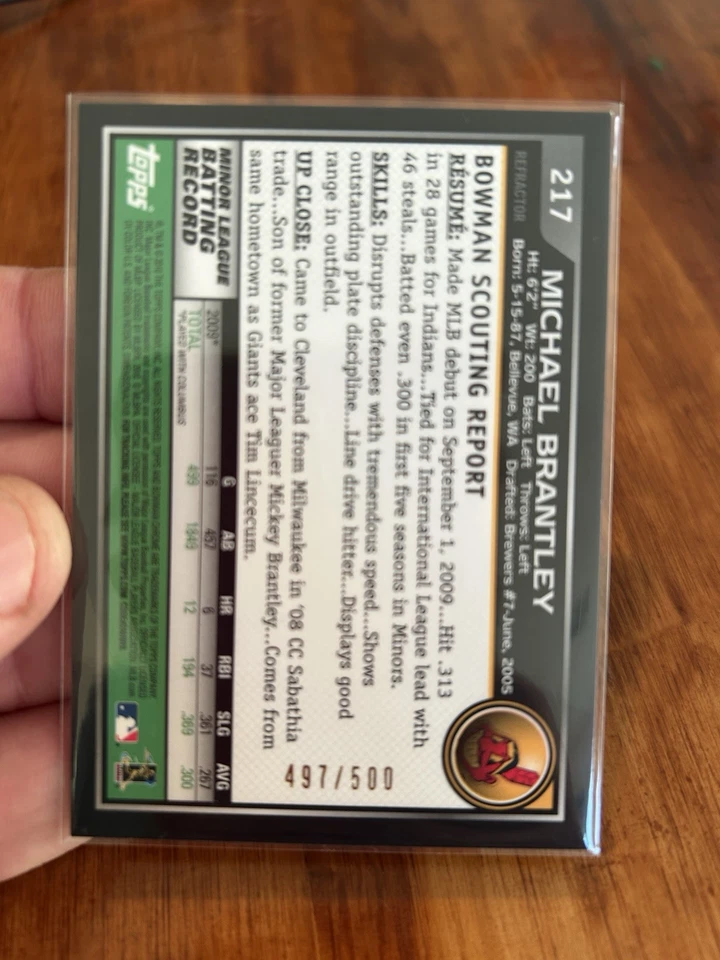 Bowman Michael Brantley #217 2010 cromo autógrafo novato refractor/500 Foto 2 de 3