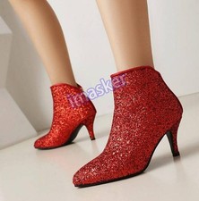 Ankle Boots Block Heel Pointy Toe Casual Womens Zipper Sequins Shoes Clubwear
