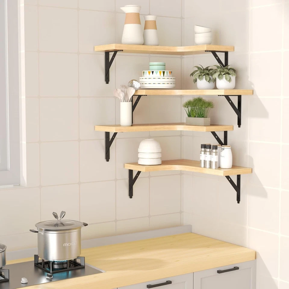 Corner Floating Shelves Wall Mounted Set of 4, Wood Storage Display Wall Shelves - Image 2 of 4