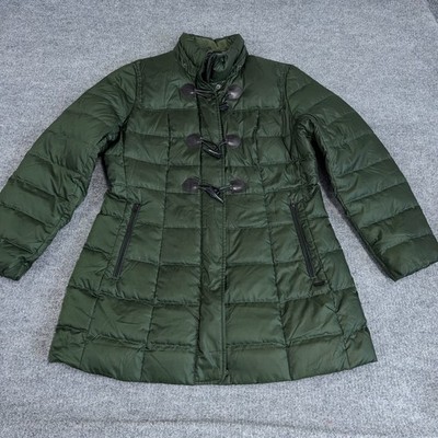 Lands End Puffer Coat Womens L 14-16 Green Quilted Down Parka Duffel Toggle