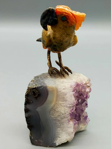 Fine Gemstone Bird Figurine on Amethyst Druze - Handmade Art from Rio