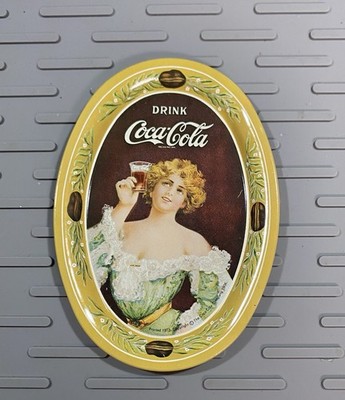 Coca-Cola 1973 Advertising Tray Gold Oval with Woman in Green Dress Soda Theme