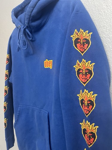 Vintage Obey Hoodie Mens M Blue Sweatshirt Propaganda Skate Punk Emo Sweater Y2K - Picture 5 of 7