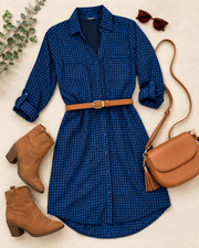 Express Portofino Shirt Dress Medium Blue Geometric Button Front Roll Tab