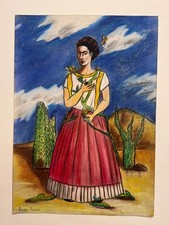 Dibujo Frida Kahlo sobre papel (Hecho a mano) firmado y estampado en medios mixtos.