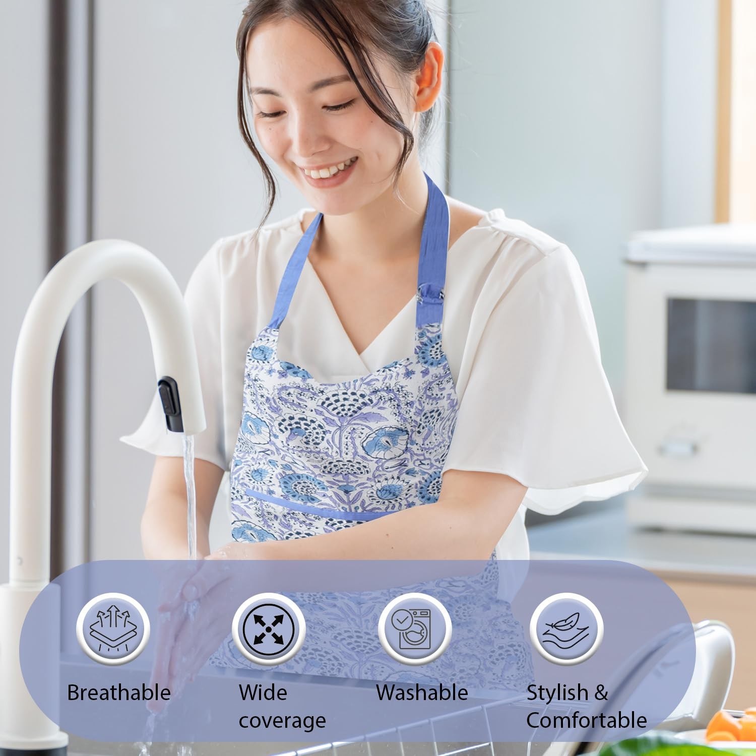 Cotton Floral Kitchen Apron for Women with Pocket Adjustable Neck Ties