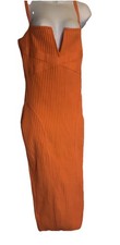 Fashion Nova Orange Ribbed Midi Bodycon Dress Size M V Wire Bust Slit Stretch