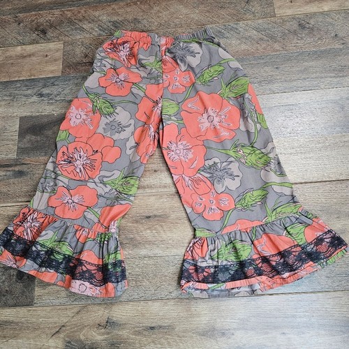 Matilda Jane Pants Kids Girls Size 6 Floral Ruffled Lace Hem Peach Gray Boho - Picture 7 of 12