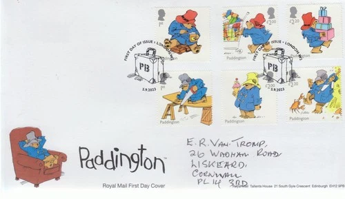 GB ROYAL MAIL FDC COVER 2023 PADDINGTON BEAR STAMP SET LONDON PM HANDWRITTEN (1)