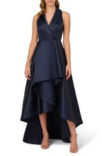  360 Adrianna Papell Tuxedo High-Low Satin Gown Midnight Navy sz 10 Prom Gala