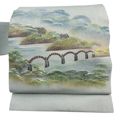 JAPANESE NAGOYA OBI ASH GREEN PURE SILK BB0234
