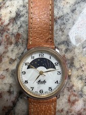Moulin Quartz Moon Phase Watch Pearl Round Face Brown Wristband Stars Moon
