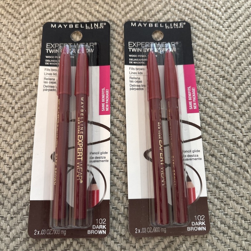 2 NEW MAYBELLINE EXPERT WEAR TWIN EYE & BROW PENCIL LINERS - DARK BROWN