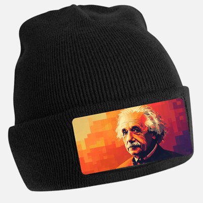 Schwarze Beanie Mütze mit coolem Albert Einstein Motiv - Unisex Mütze, Baumwolle
