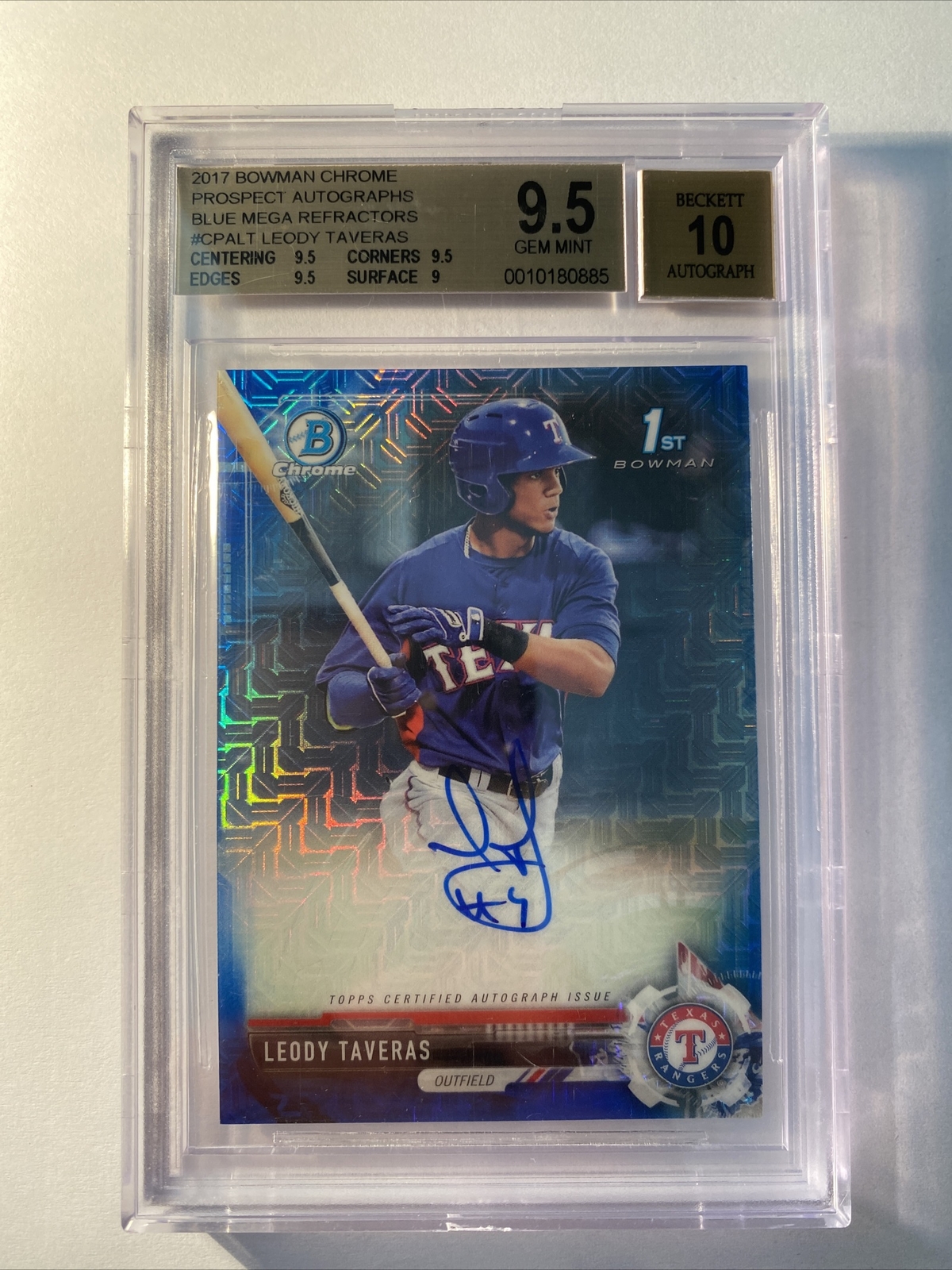 2017 BOWMAN CHROME LEODY TAVERAS RC BLUE MOJO REFRACTOR AUTO #/150 BGS 9.5 GEM!