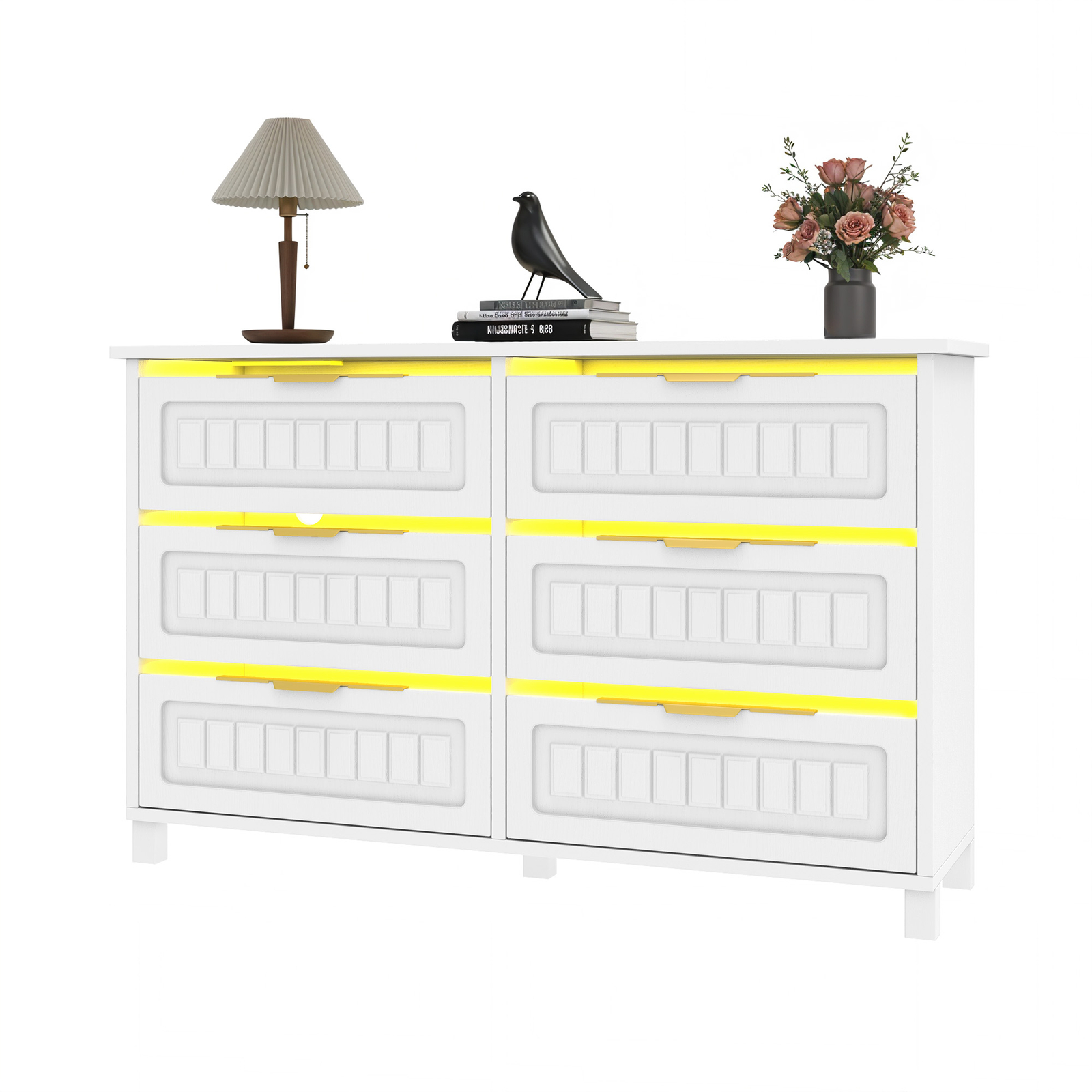 Chest of 6 Wood Drawers Dresser White Bedroom Cabinet LED Lights & Charging Dock