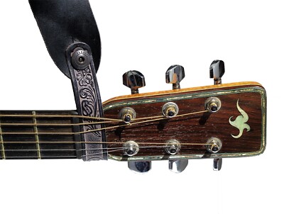 Walker & Williams AT-2 Black Leather Acoustic Guitar Strap Headstock Adapter  