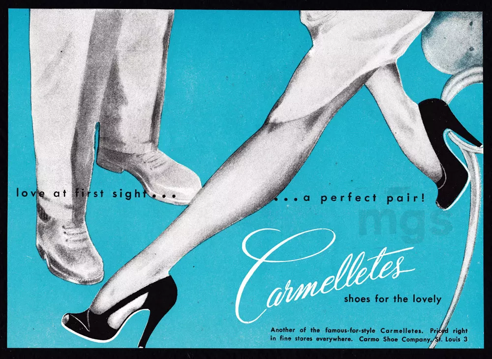 1947 Carmelletes Shoes print ad Woman s legs hose high heels