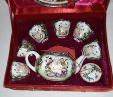 TEA SET-CHINESE PORCELAIN-Miniature-VINTAGE -ORIGINAL SILK BOX-NEVER USED-BUDDHA