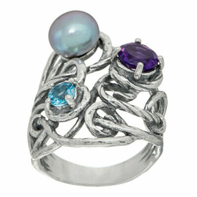 QVC Or Paz Sterling Silver Cultured Pearl Gemstone Ring Size-5