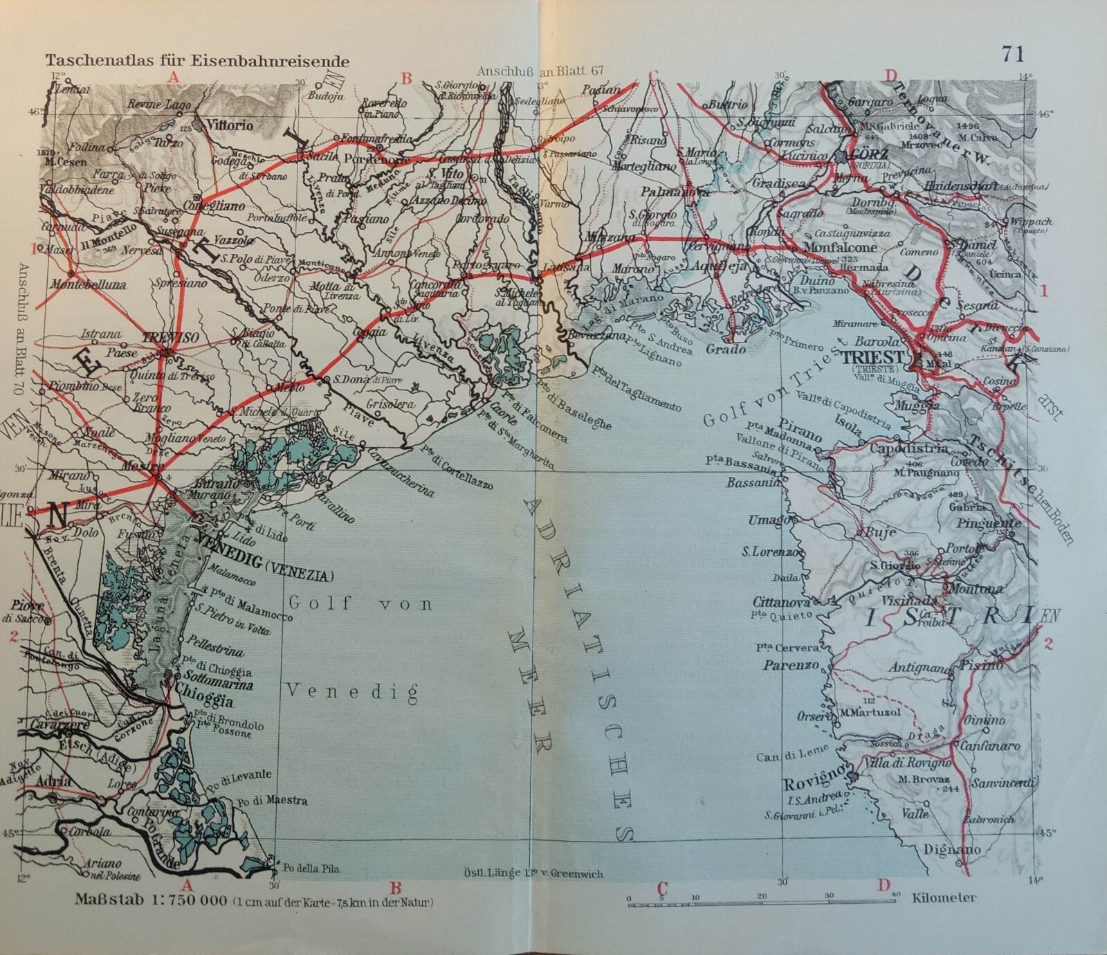 +Venecia + antiguo mapa ferroviario + Istria, Trieste + líneas ferroviarias