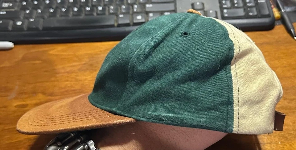 复古 Cutter & Buck 绿色棕褐色皮革表带棒球帽 1990 年代帽子 #QP — 第 2/4 张图片
