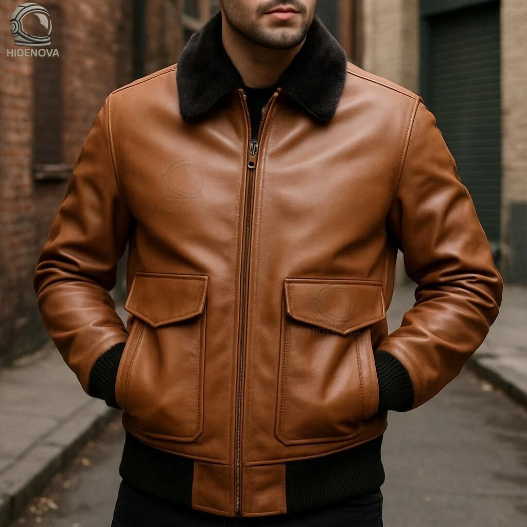Men's Tan Brown Real Leather Bomber Jacket Aviator Style with Fur Collar