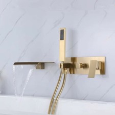 Brushed Golden Waterfall Bathtub Faucet Tub Filler 3 Holes Shower Mixer Tap Set