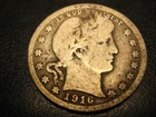 1916-P 90% Silver Barber Quarter VG FULL RIMS