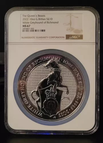 🔥2022 UK Great Britain 10oz silver Queen's Beast Greyhound of Richmond NGC MS67