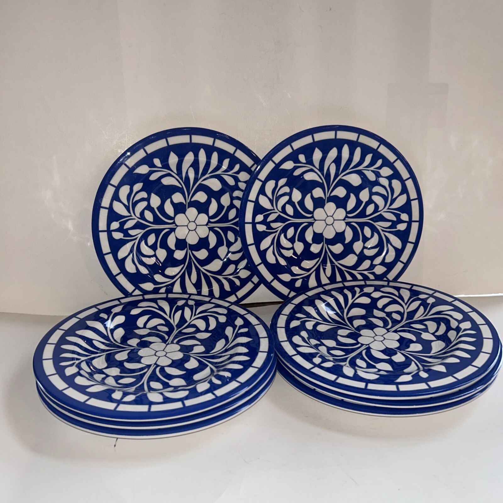 8 Salad/Sandwich Plates Melamine Blue & White Unbreakable