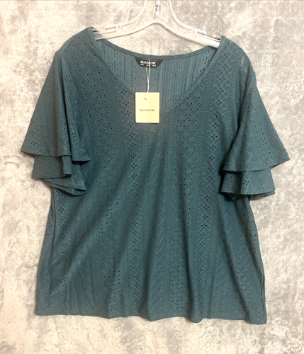 Bloomchic Blouse Top 12 GRAND Vert Anti Rides Shirred Volants Manches Pintuck