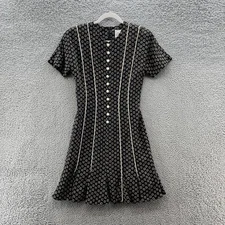 VTG 90s Scaasi Dress XS Black Geo Silk Short Sleeve Flirty Fit Flare Mini