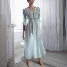 Vintage Ice Blue Chiffon Tulle Lace Robe Double Layer Lingerie Semi Sheer Maxi
