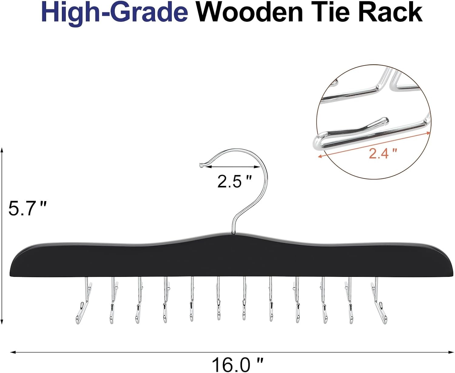 TOPIA HANGER Tie Rack Hanger for Closet, Wooden Organizer 1-Pack, Black 