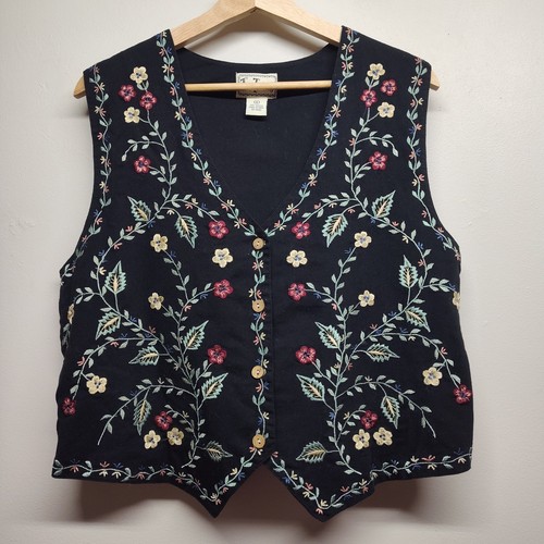 TanTrums Vintage Vest Women XL Black Floral Embroidered Cottagecore Forest Girl