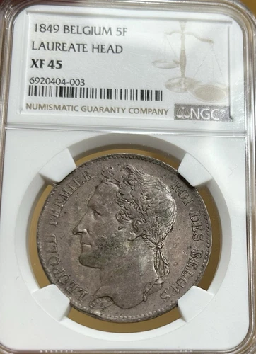 1849 Belgium Silver 5 Francs NGC XF45 Laureate Head 5F
