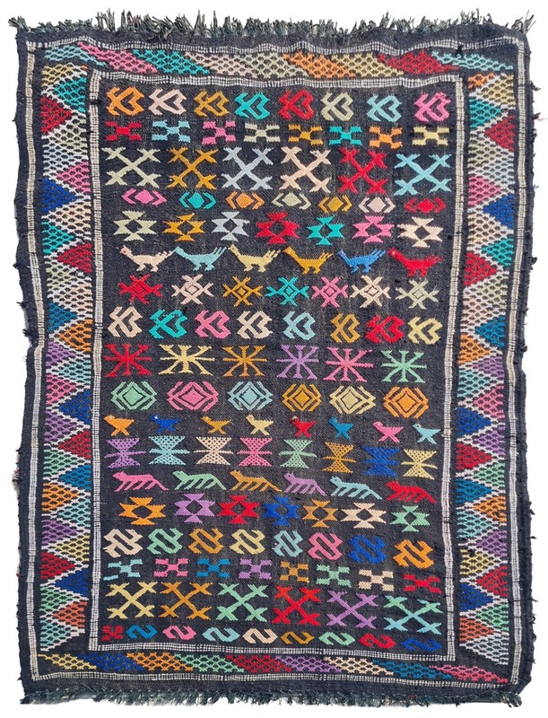 Rare Hand Knotted Vintage Morocco Sumouk Kilim Kilm Wool Area Rug 4.7 x 3.3 Ft