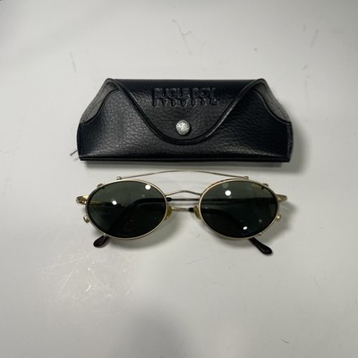Vintage Bugle Boy Eyeglasses Gold Black Sunglass Clip On & Case Prescription 
