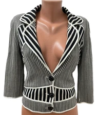 SAVE THE QUEEN size M Jacket Blazer Black Beige Striped 3/4 Sleeve Stretch