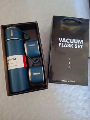 Geschenkset mit Vakuumisolierter Thermoskanne Edelstahl mit 3 Tassen, blau