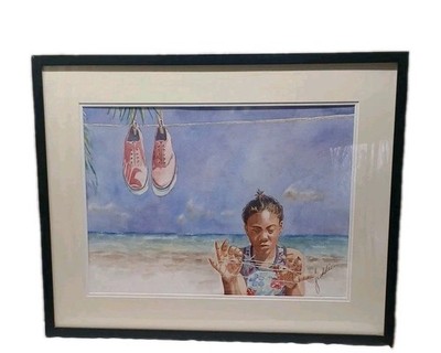 Caribbean Afternoon Freddie Comes Art Sketching Original Framed  29 X 23 Read 