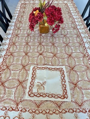 Table Cover Rectangle Embroidered Beige & Brick Silk on Beige  94x59  Approx.