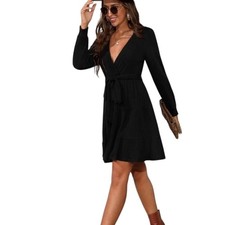 SHEIN Womens Black Long Sleeve Belted Fit and Flare Dress Size 2