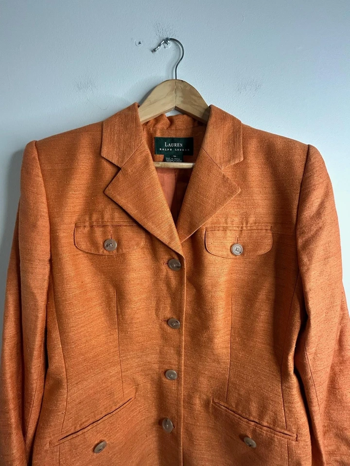 Jaqueta Blazer Feminina Lauren Ralph Lauren Antiga 12 Laranja Entalhe Lapela 100% Seda - Imagem 2 de 4
