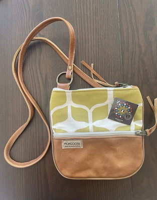 Mongoose Yellow Geometric Shoulder Bag w/ Brown Leather Trim, Zip Closure