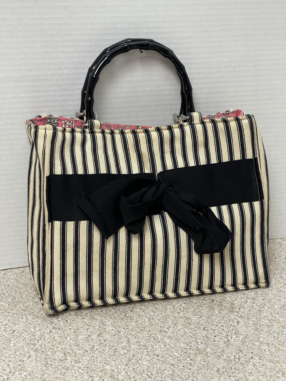 Fornash Black & White Stripe Cotton Faux Bamboo Tote Bag