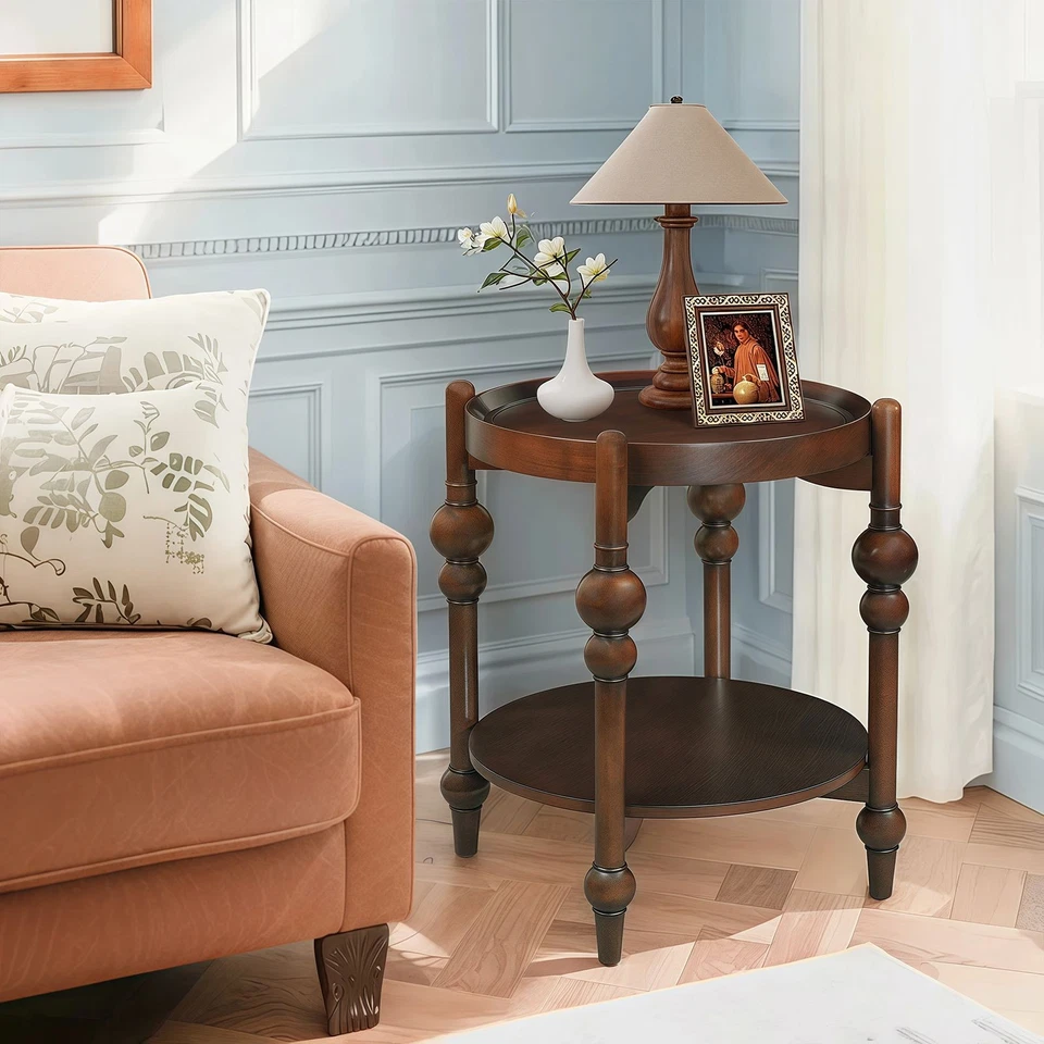 23" Round End Table Small Solid Wood Side Table Center Table With Open Shelf - Image 2 of 4